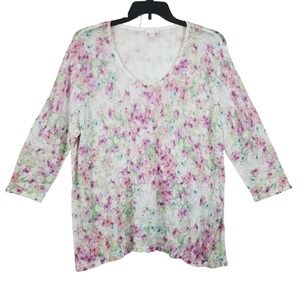 J. Jill Women XL Linen Blend Floral V-Neck Sweater 3/4 Sleeve Pink White Knit